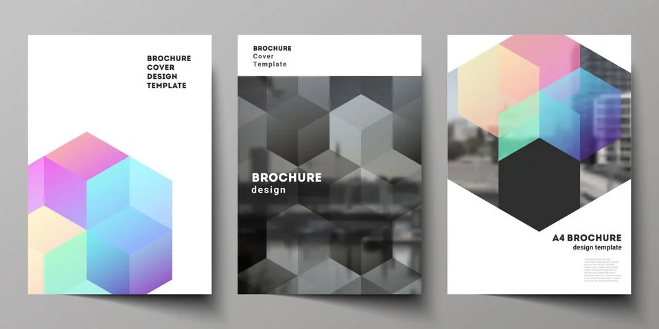 Vector layout of A4 format cover mockups design templates with colorful hexagons Illustrazione stock