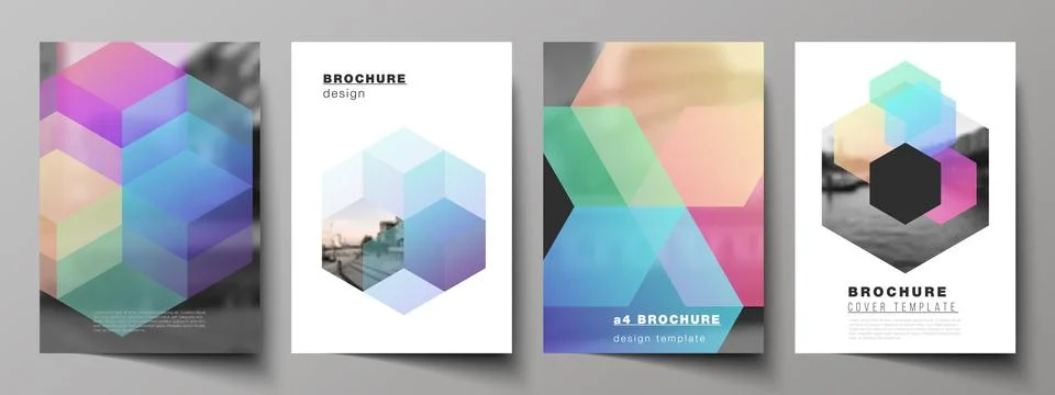 Vector layout of A4 format cover mockups design templates with colorful hexagons Illustrazione stock
