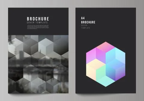 Vector layout of A4 format cover mockups design templates with colorful hexagons 스톡 일러스트