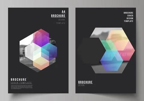 Vector layout of A4 format cover mockups design templates with colorful hexagons Illustrazione stock