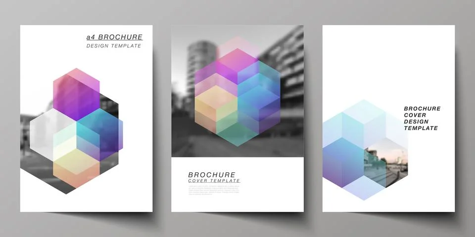 Vector layout of A4 format cover mockups design templates with colorful hexagons Illustrazione stock