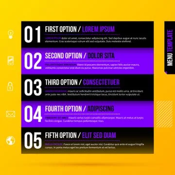 Vector layout with five black and purple horizontal options on bright yellow Stock Illustration