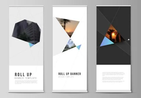 The vector layout of roll up banner stands, vertical flyers, flags design Stock Illustration