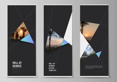 The vector layout of roll up banner stands, vertical flyers, flags design Stock Illustration