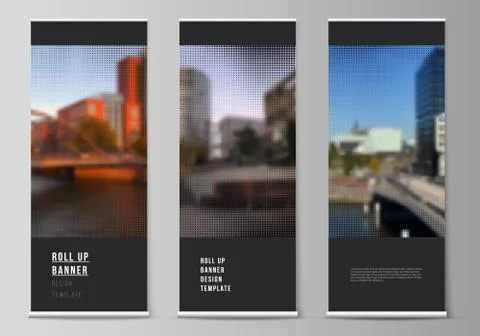 Vector layout of roll up mockup design templates for vertical flyers, flags Stock Illustration