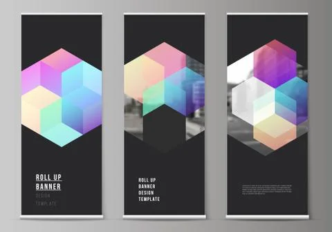 Vector layout of roll up mockup design templates with colorful hexagons Stock Illustration