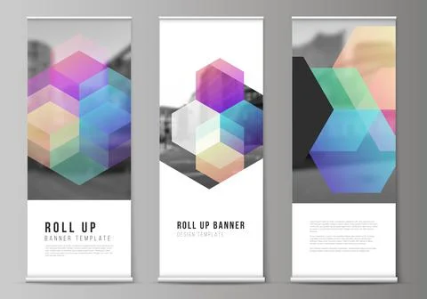 Vector layout of roll up mockup design templates with colorful hexagons Stock Illustration