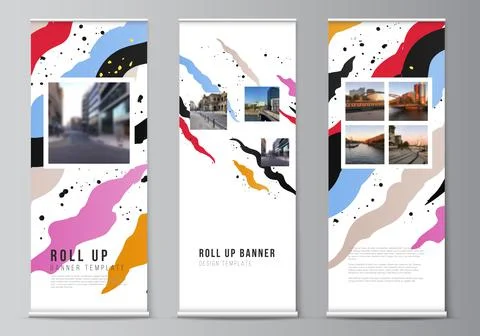 Vector layout of roll up mockup design templates for vertical flyers, flags Stock Illustration