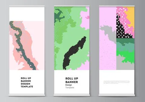 Vector layout of roll up mockup design templates for vertical flyers, flags Stock Illustration