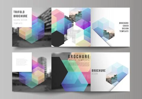 Vector layout of square format covers design templates with colorful hexagons Illustrazione stock