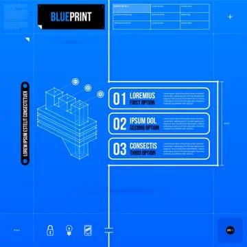 Vector layout with three numbered options and abstract isometric object in bl Stock Illustration