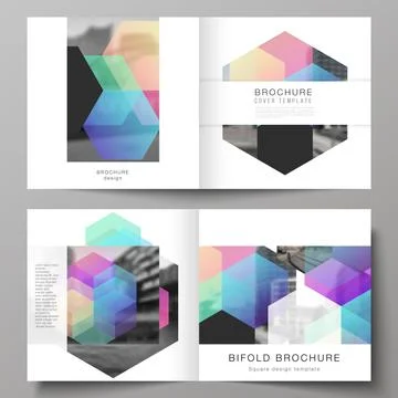 Vector layout of two covers templates with colorful hexagons, geometric shapes Illustrazione stock