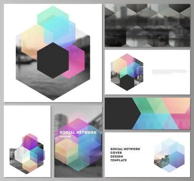 Vector layouts of modern social network mockups in popular formats with colorful Illustrazione stock