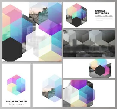 Vector layouts of modern social network mockups in popular formats with colorful Illustrazione stock