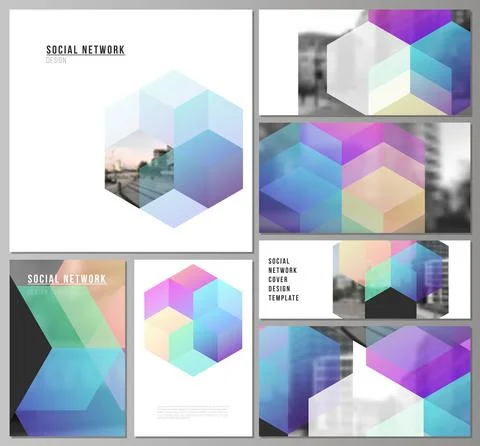 Vector layouts of modern social network mockups in popular formats with colorful Stock Illustration