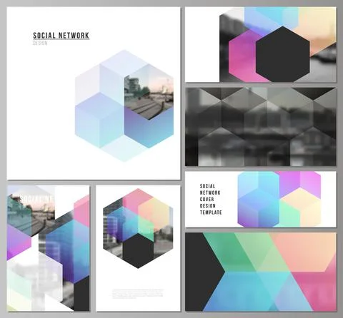 Vector layouts of modern social network mockups in popular formats with abstract Illustrazione stock