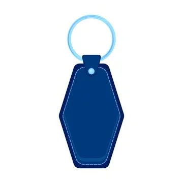 Vector leather holder trinket, blue keychain for key. Metal ring. Label of bl Stock Illustration