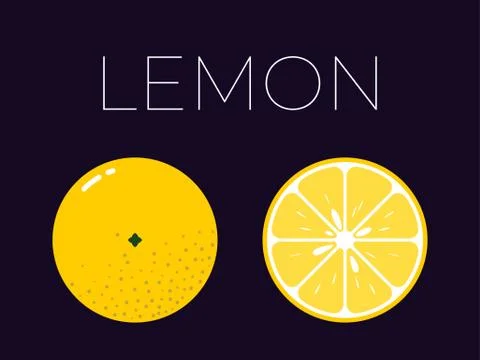 Vector of lemon and sliced half of lemon on dark background Stock Illustration