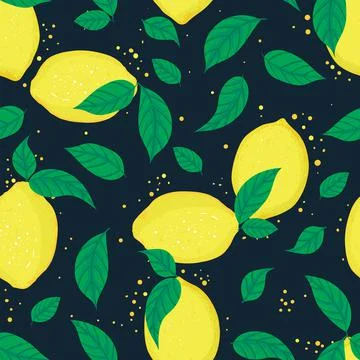 Vector lemons leaves dots slices seamless pattern print background. Stock Illustration