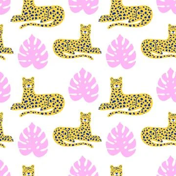 Vector leopard and tropical leaves jungle animal seamless pattern Illustrazione stock