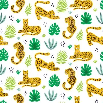 Vector leopard and tropical leaves jungle animal seamless pattern Illustrazione stock