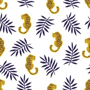 Vector leopard and tropical leaves jungle animal seamless pattern Stock Illustration