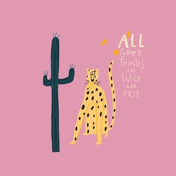 Vector Leopard, cactus and handwritten quote Stock Illustration