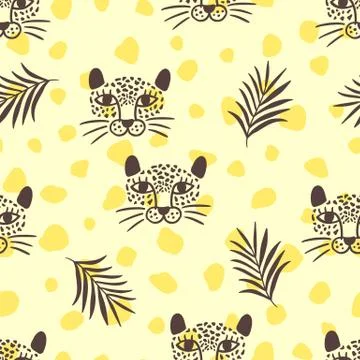 Vector leopard head and tropical leaves jungle animal seamless pattern Stock Illustration