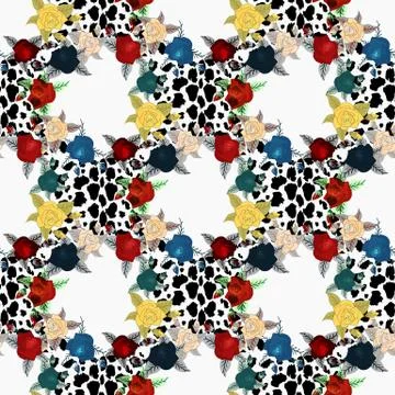 Vector leopard skin and flowers seamless pattern. Hand painted illustration o Stock Illustration