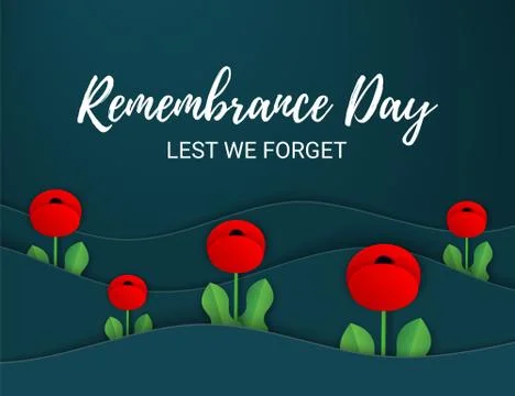 Vector Lest We Forget. Craft Red Poppies Field Remembrance Day banner. Papercut 스톡 일러스트