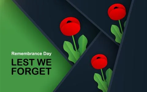Vector Lest We Forget. Craft Red Poppies Field Remembrance Day banner. Papercut Stock Illustration