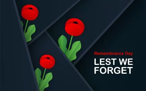 Vector Lest We Forget. Craft Red Poppies Field Remembrance Day banner. Papercut Stock Illustration