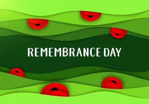 Vector Lest We Forget. Craft Red Poppies Field Remembrance Day banner. Papercut Stock Illustration