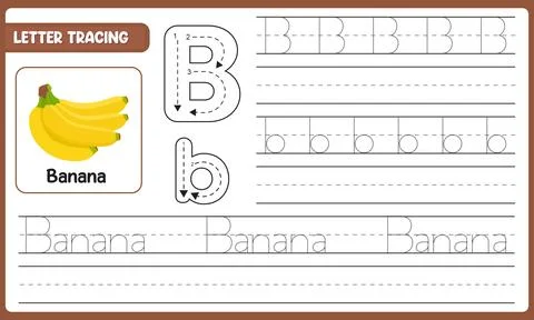 Vector Letter Tracing Worksheet For Kids Learn Alphabet B Banana With Guide.. Illustrazione stock
