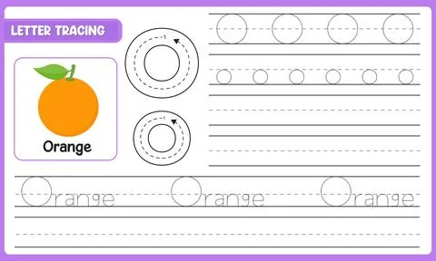 Vector Letter Tracing Worksheet For Kids Learn Alphabet O Orange With Guide.. Иллюстрация