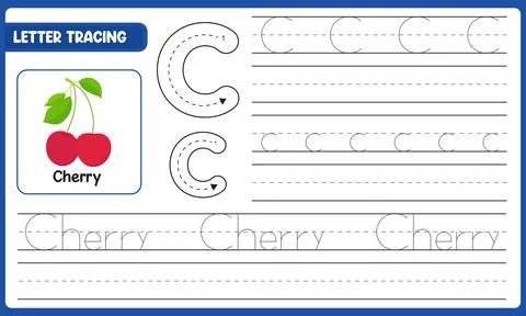 Vector Letter Tracing Worksheet For Kids Learn Alphabet C Cherry With Guide.. Иллюстрация