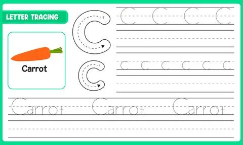 Vector Letter Tracing Worksheet For Kids Learn Alphabet C Carrot With Guide.. Иллюстрация