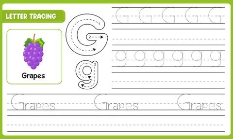 Vector Letter Tracing Worksheet For Kids Learn Alphabet G Grapes With Guide.. Ilustración de archivo