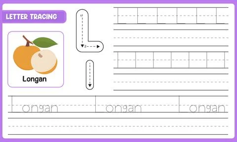 Vector Letter Tracing Worksheet For Kids Learn Alphabet L Longan With Guide.. 스톡 일러스트