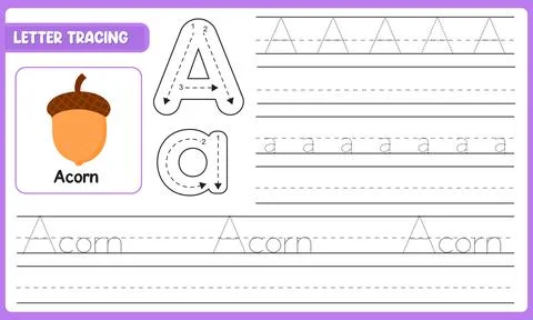 Vector Letter Tracing Worksheet For Kids Learn Alphabet A Acorn With Guided.. 스톡 일러스트