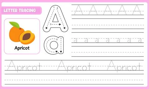 Vector Letter Tracing Worksheet For Kids Learn Alphabet A Apricot With Guid.. Stock Illustration