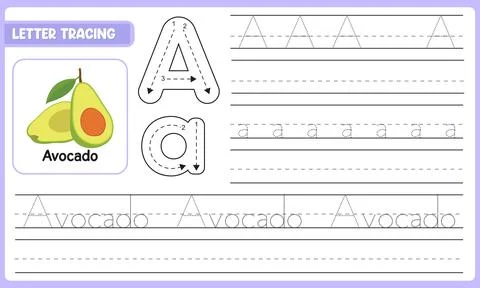 Vector Letter Tracing Worksheet For Kids Learn Alphabet A Avocado With Guid.. Stock Illustration