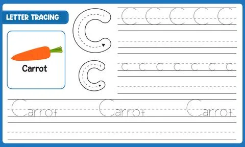 Vector Letter Tracing Worksheet For Kids Learn Alphabet C Carrot With Guide.. Stock Illustration