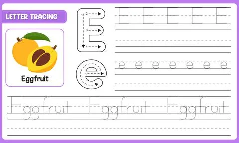 Vector Letter Tracing Worksheet For Kids Learn Alphabet E Eggfruit With Gui.. Stock Illustration