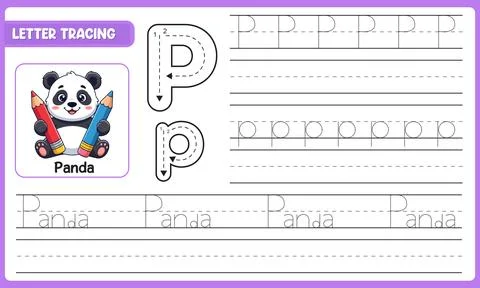 Vector Letter Tracing Worksheet For Kids Learn Alphabet P Panda With Guided.. Stock Illustration