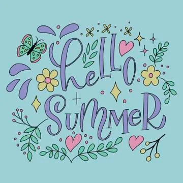 Vector lettering on a blue background - hello summer - with leaflets, hearts Illustrazione stock