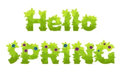 Vector lettering Hello Spring grass with flowers. Stock Illustration
