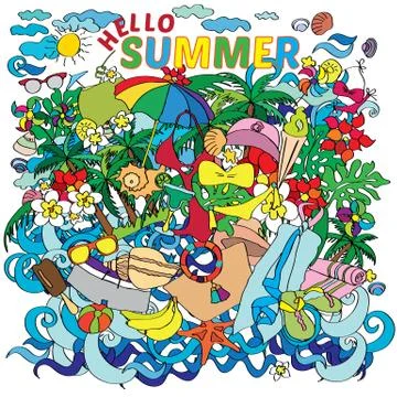 Vector lettering hello summer with decorative elements on white Stock Illustration