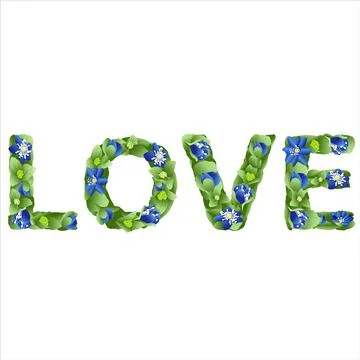 Vector lettering Love, made in the form of flowers and leaves of liverwort Stock Illustration