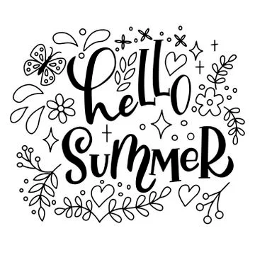 Vector lettering on a white background - hello summer, with leaflets, hearts Stock Illustration